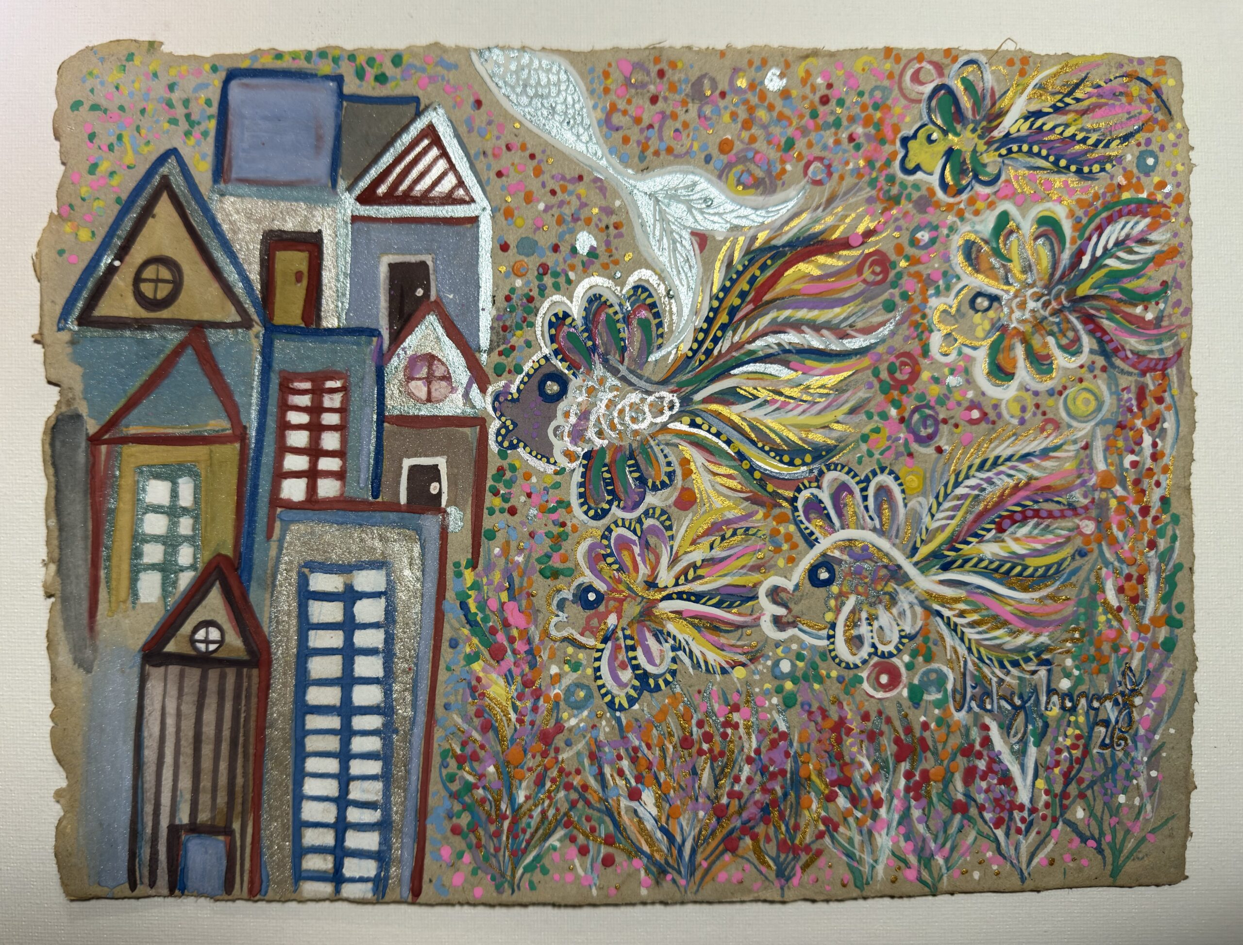 Fishes in the city, contemporary original watercolor
